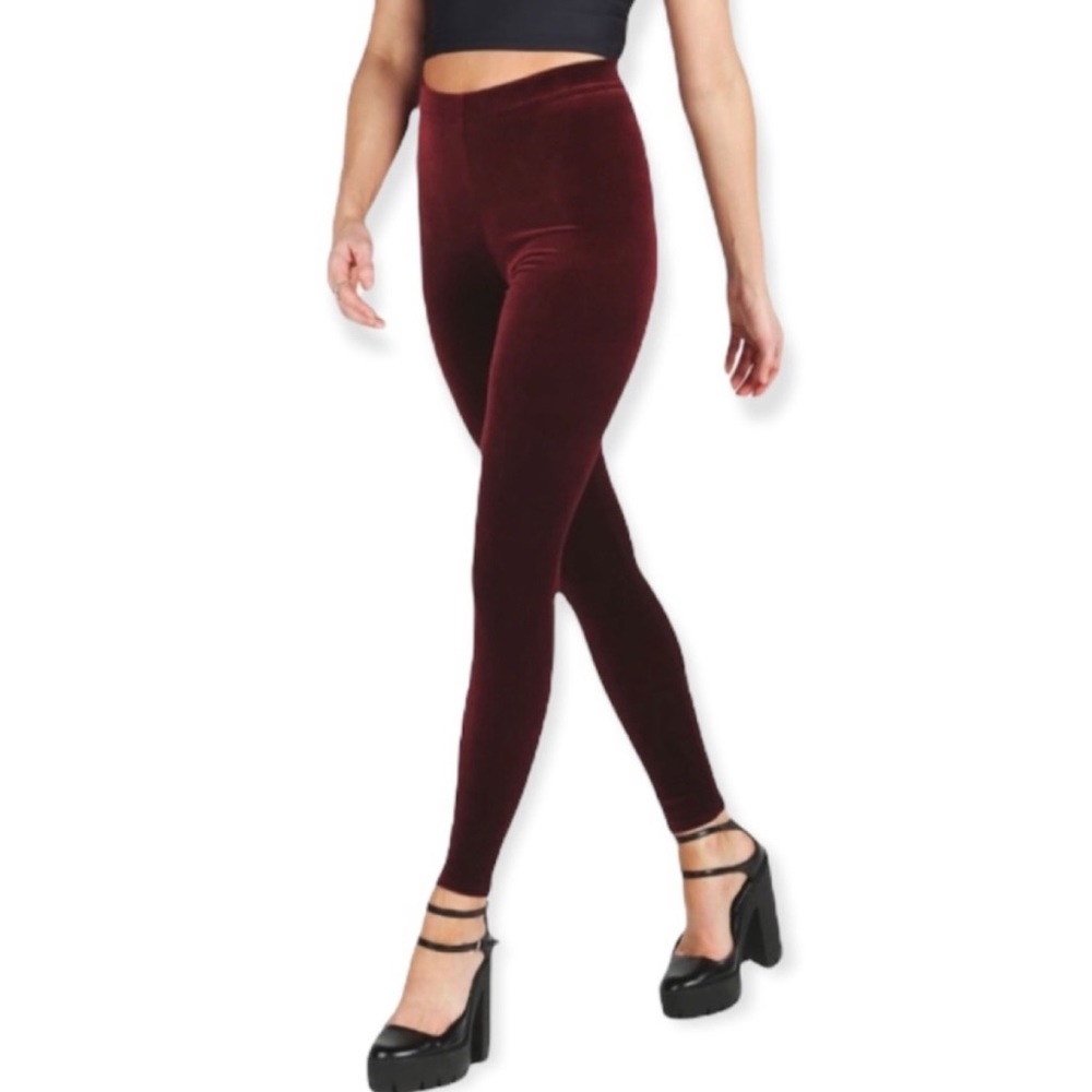 BLACKMILK • Burgundy/Maroon/Mulled Wine High-Waisted Velvet Leggings, XS - Picture 2 of 16